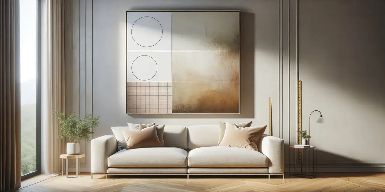 Un salon moderne avec un canapé blanc, un tableau abstrait aux formes géométriques et des tons chauds. Le **taille cadre tableau** est imposant, dominant le mur.