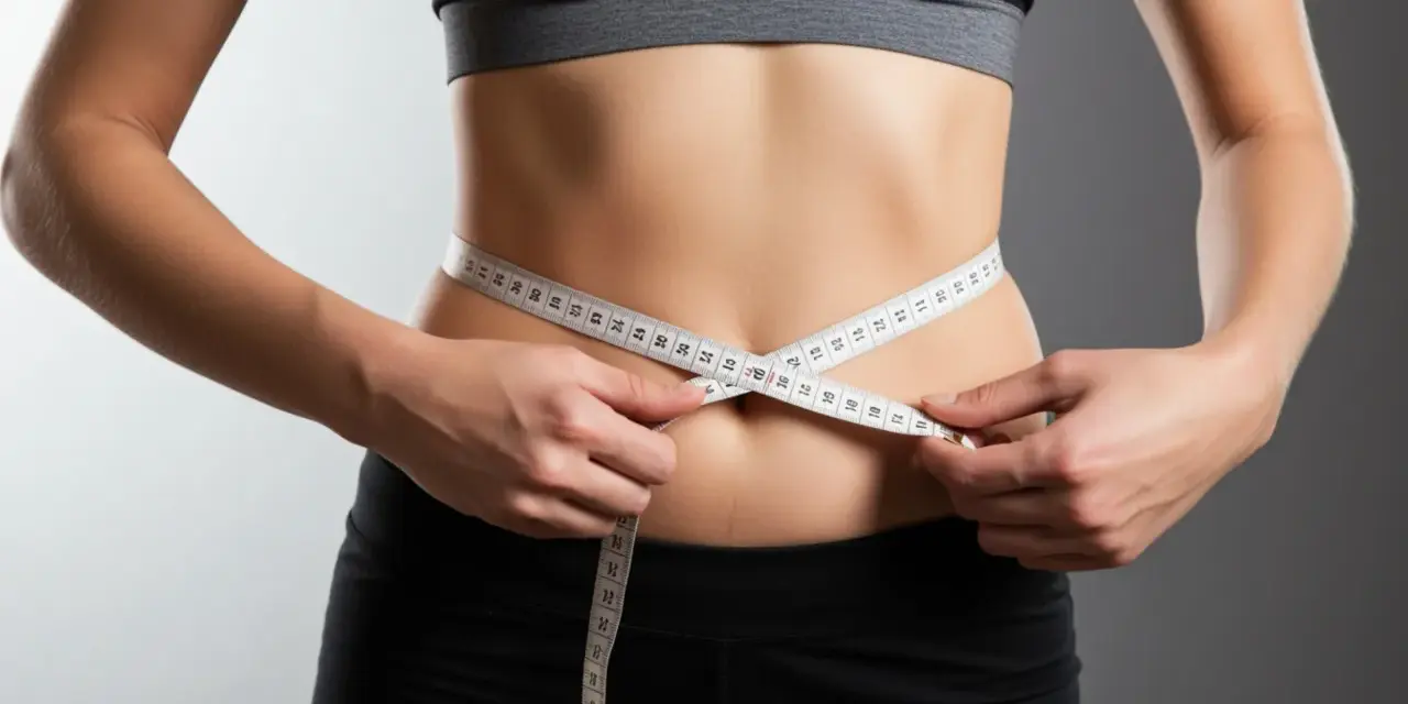 Mujer mide su cintura con cinta métrica, logrando un déficit calórico para perder grasa abdominal.