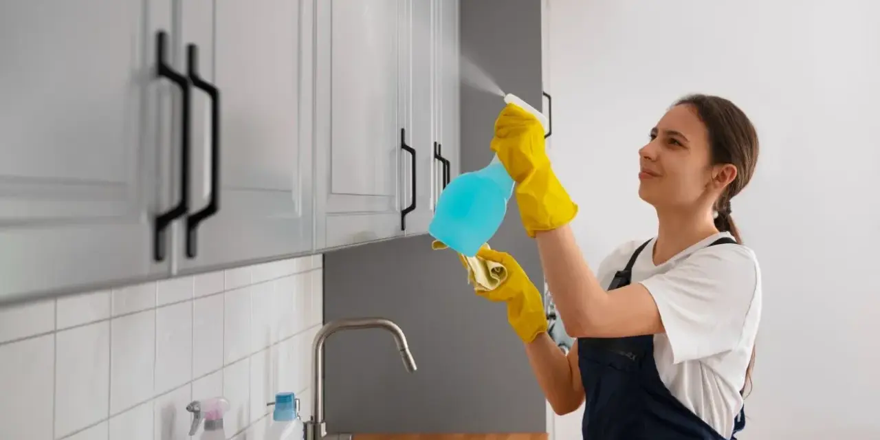 Kobieta w żółtych rękawiczkach czyści meble z okleiny, używając sprayu i ściereczki.