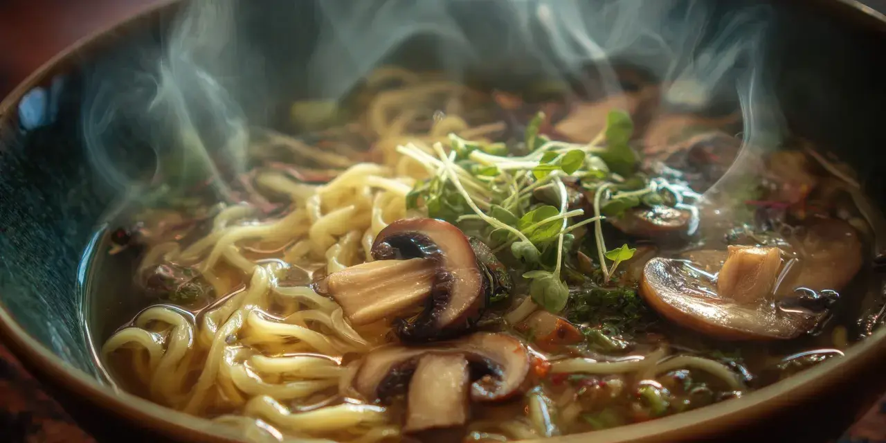 Gorąca zupa ramen z grzybami i kiełkami, parująca i kusząca. To właśnie umami co to za smak!