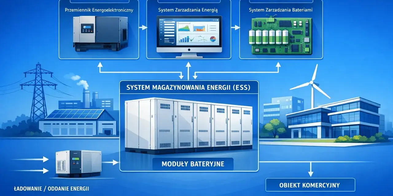 Schemat agregatora energii: PCS, EMS, BMS zarządzają systemem magazynowania energii (ESS) z modułami bateryjnymi, zasilając obiekt komercyjny.