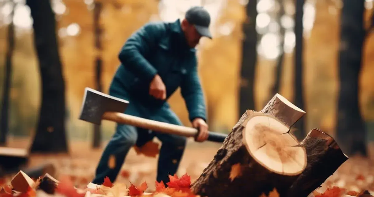 Un homme coupe du bois de chauffage en automne. Les feuilles tombées jonchent le sol.