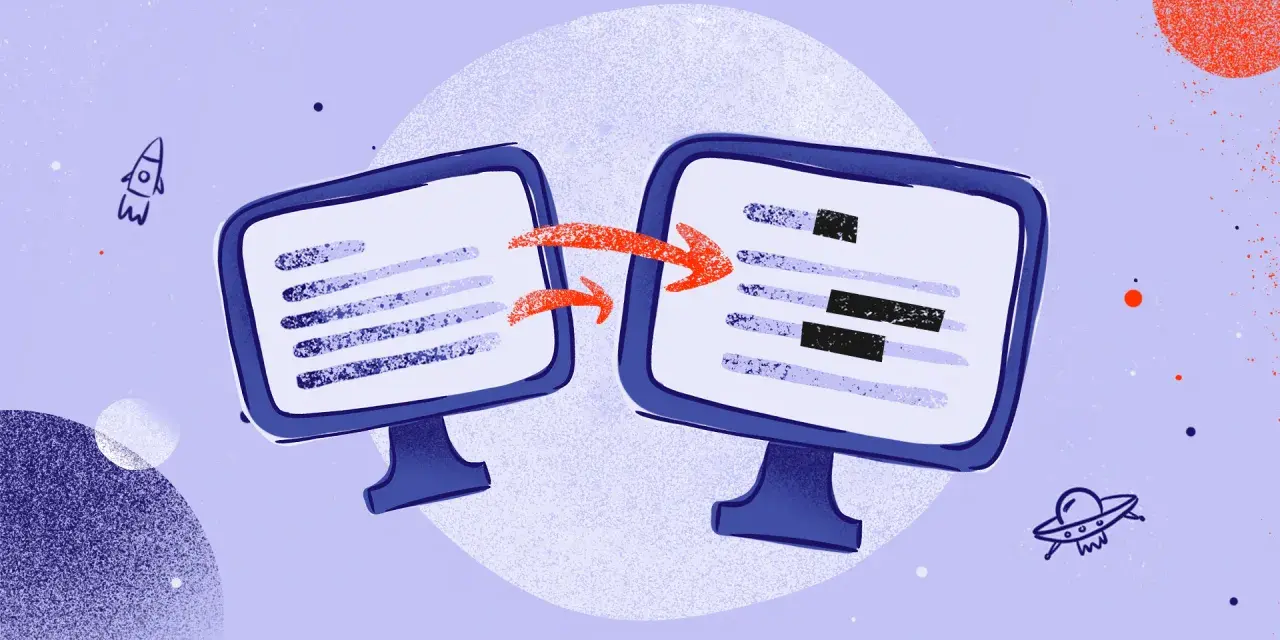 Dwa monitory z danymi i strzałki symbolizujące neutralizację dokumentów. W tle rakieta i UFO.