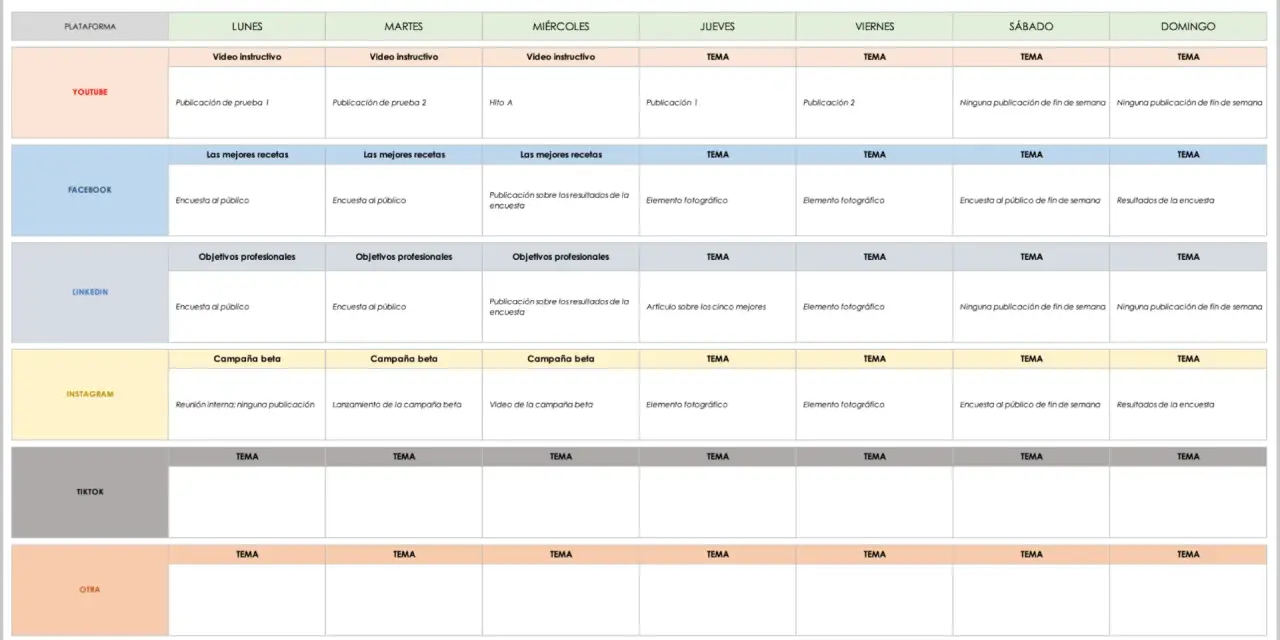 Plantilla de calendario de publicaciones en redes sociales con contenido para YouTube, Facebook, LinkedIn, Instagram y TikTok.