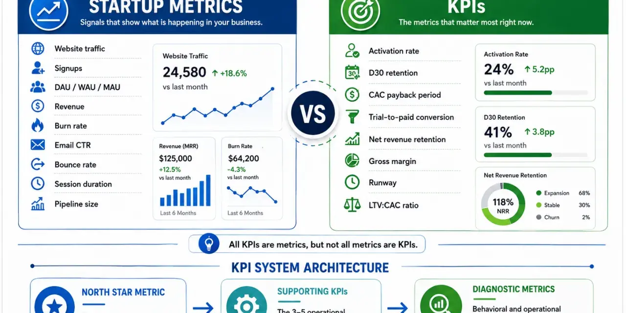 Infographic comparing startup metrics (website traffic, revenue, burn rate) with KPIs (activation rate, D30 retention, net revenue retention), illustrating their differences and a KPI system architecture.