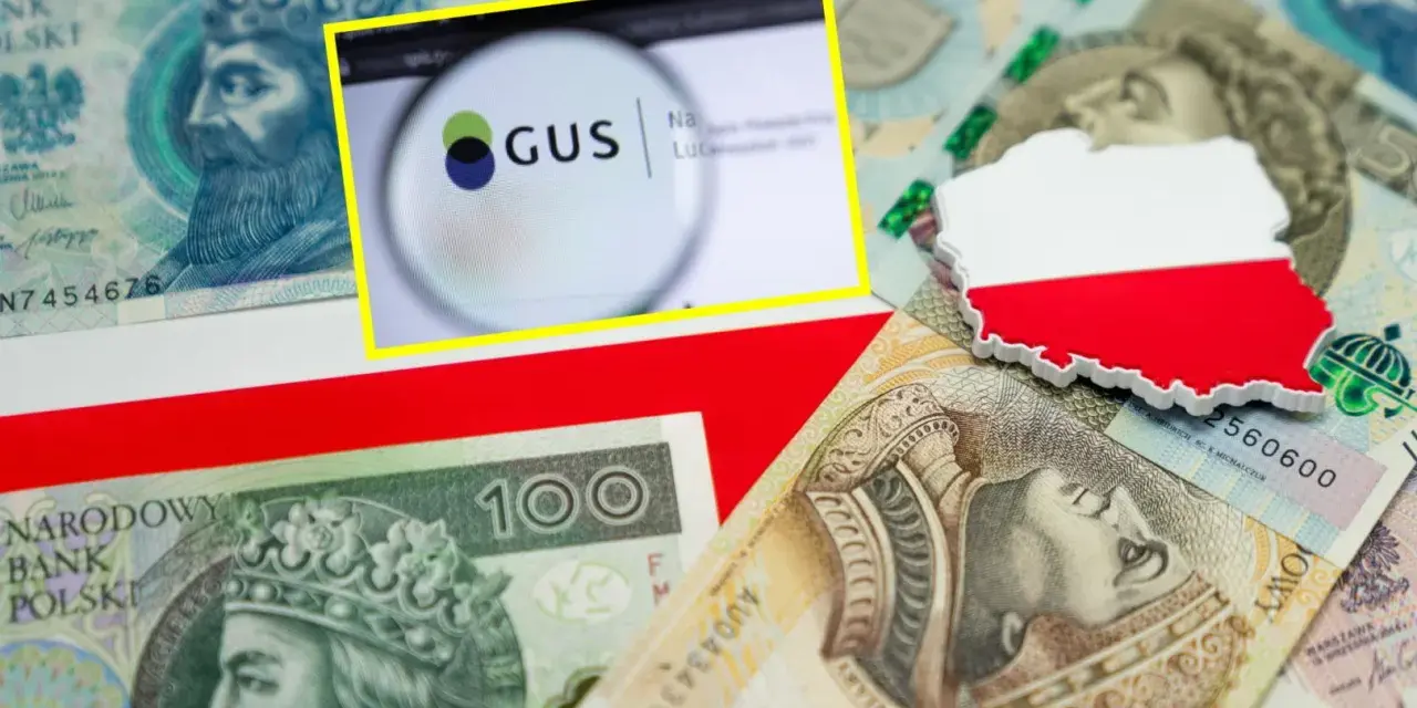 Polskie banknoty, mapa Polski z flagą, logo GUS. Czy średnia krajowa 2026 będzie wyższa?