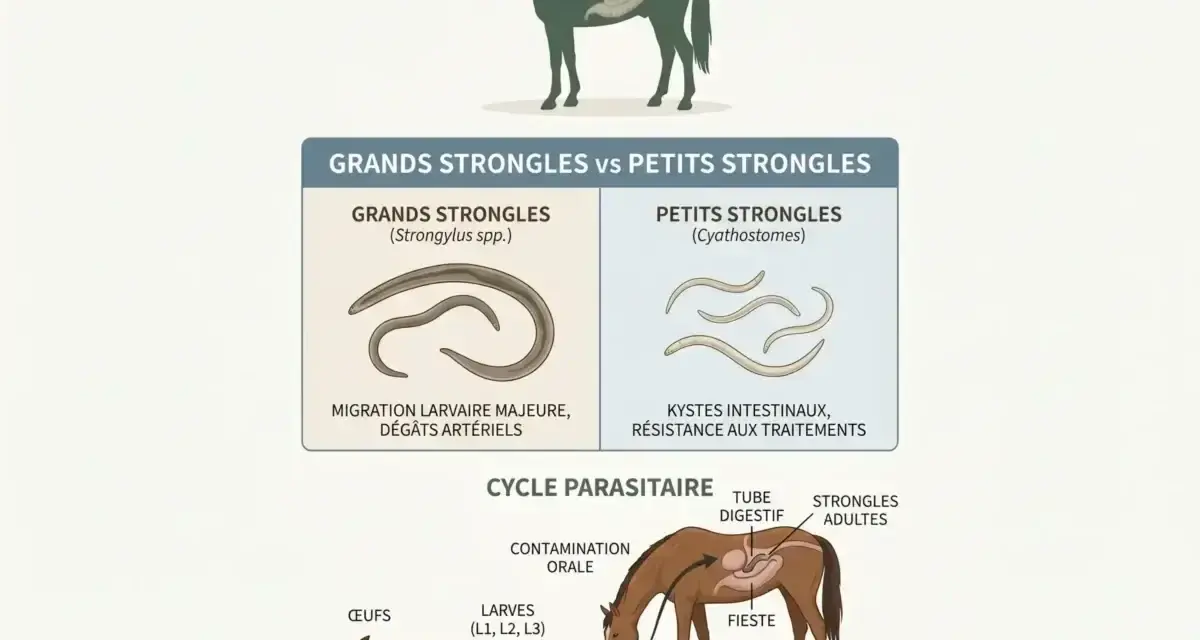 Illustration du cycle des strongles chez le cheval, montrant les grands et petits strongles, leurs dégâts et leur cycle parasitaire.