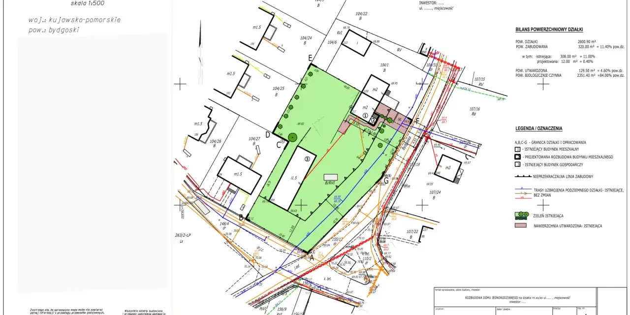 Mapa do celów projektowych, projekt zagospodarowania terenu. Działka z istniejącą i projektowaną zabudową, zielenią i utwardzeniami.