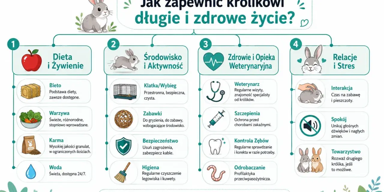 Ilustracja pokazuje, jak zapewnić królikowi długie i zdrowe życie. Kluczowe są: dieta, środowisko, zdrowie i relacje.