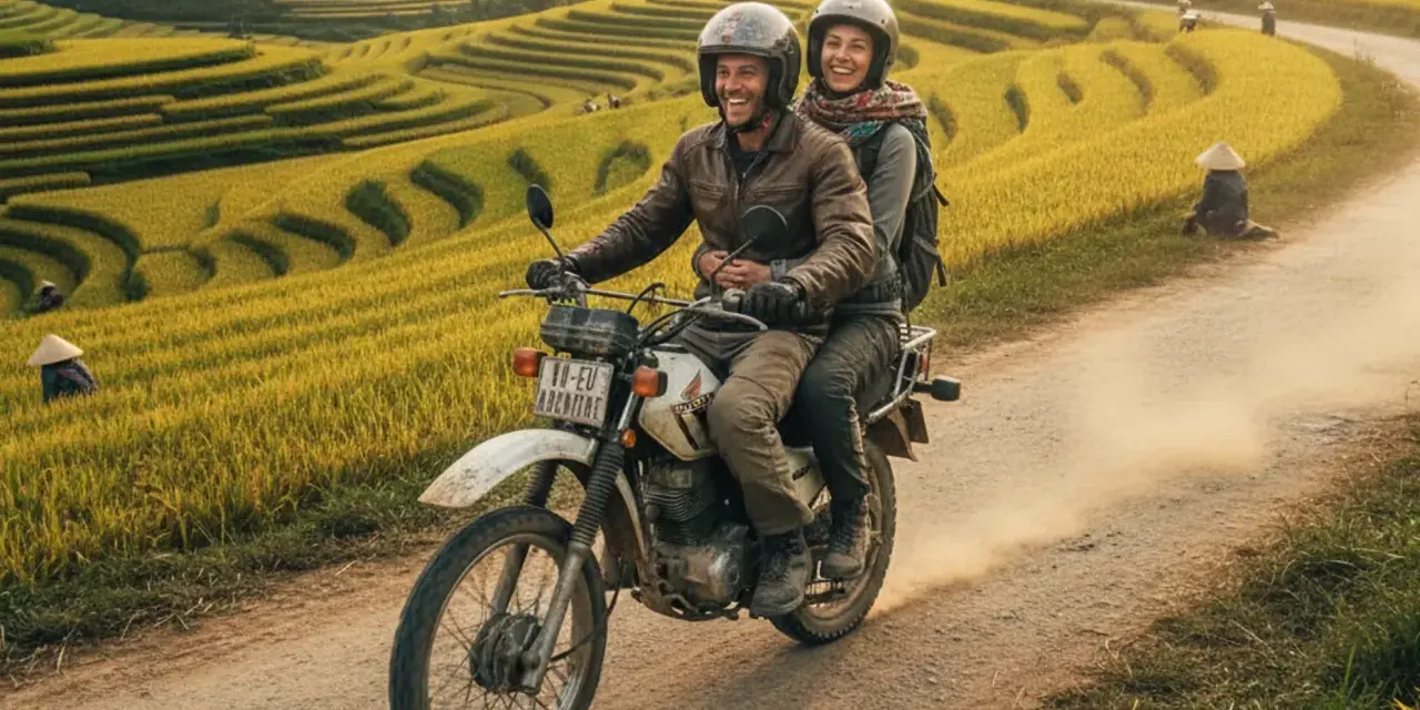 Para podróżuje motocyklem przez tarasowe pola ryżowe w Wietnamie. Warto zabrać do Wietnamu wygodne ubrania i kask.