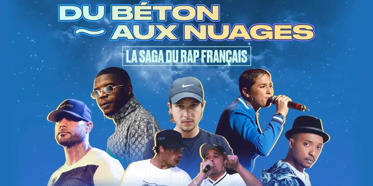La saga du rap français : des artistes emblématiques comme Booba, Damso, et d'autres, réunis sous un ciel étoilé.