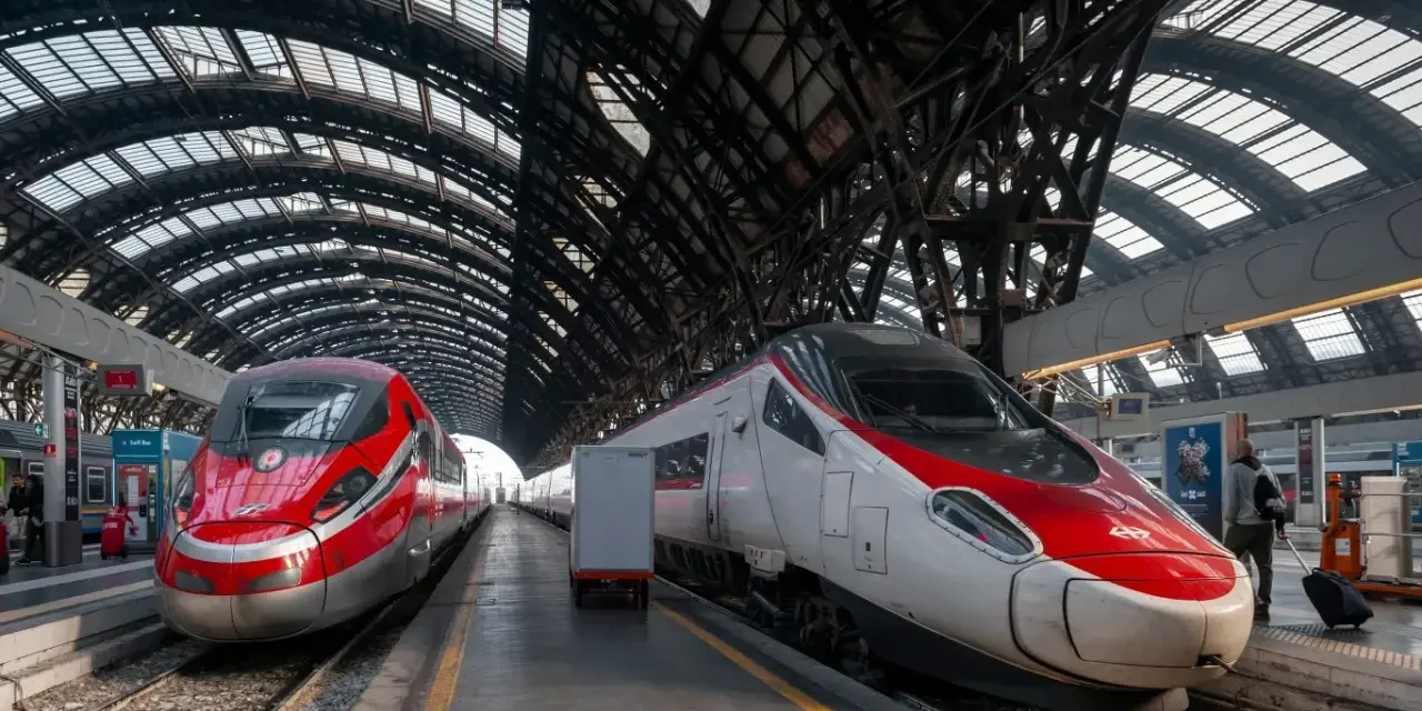 Dwa nowoczesne pociągi, w tym najszybszy pociąg w Europie, stoją na peronie pod imponującą, metalową konstrukcją dachu dworca.