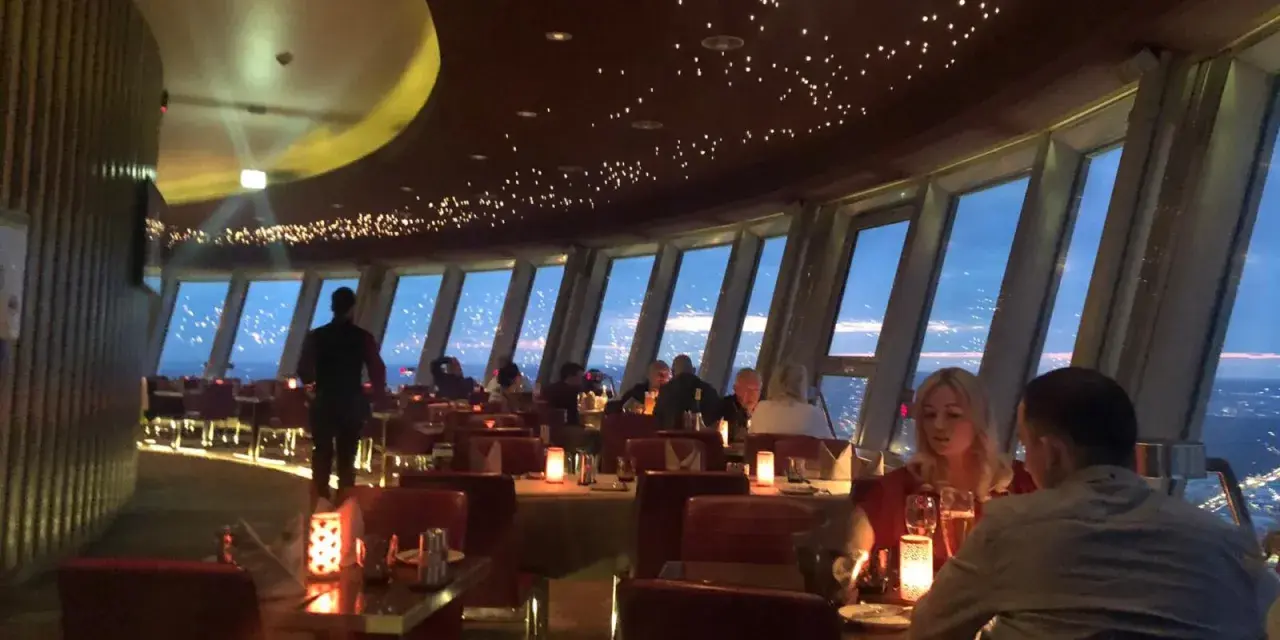Gemütliches Alexanderplatz Restaurant mit Sternenhimmel-Decke und Panoramablick auf die Stadt bei Nacht.