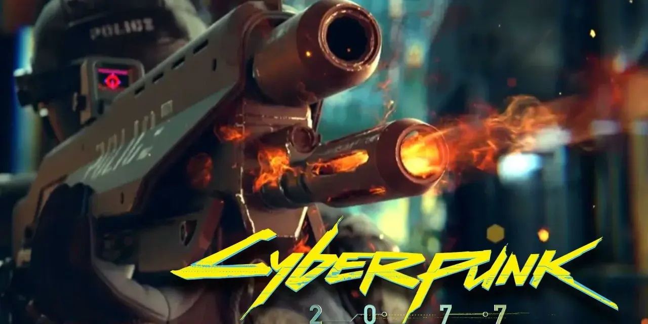 Un oficial de policía de **Cyberpunk 2077** dispara un arma futurista con llamas saliendo del cañón.