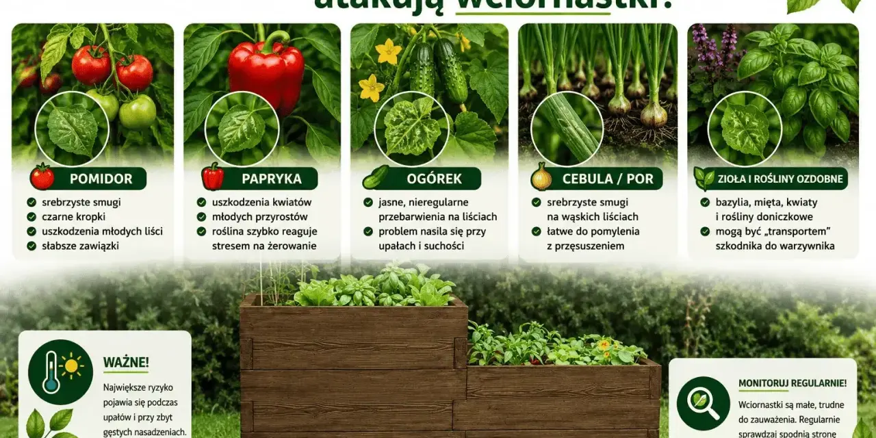 Wciornastki atakują pomidory, paprykę, ogórki, cebulę, por, zioła i rośliny ozdobne. Oprysk jest ważny przy upałach i gęstych nasadzeniach.