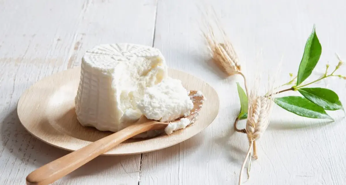 Świeża ricotta na drewnianej łyżce, obok kłosy zbóż i zielone gałązki. Idealna do dań, gdy szukasz czym zastąpić ricottę.