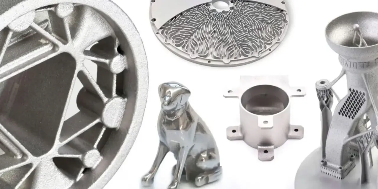 Metalowe wydruki 3D: koło, pies, okrągły element z ażurowym wzorem i części mechaniczne.