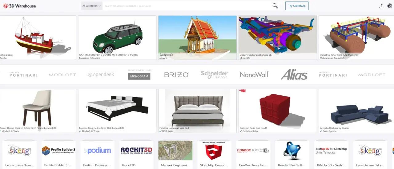 Modele 3d SketchUp: łódź rybacka, zielony Mini Cooper, świątynia, mechanizm, zbiorniki przemysłowe, meble i inne.