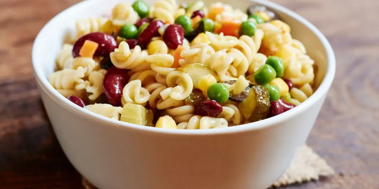 Una ciotola di pasta fredda con fagioli rossi, piselli, mais e cetriolini. Un piatto estivo perfetto.