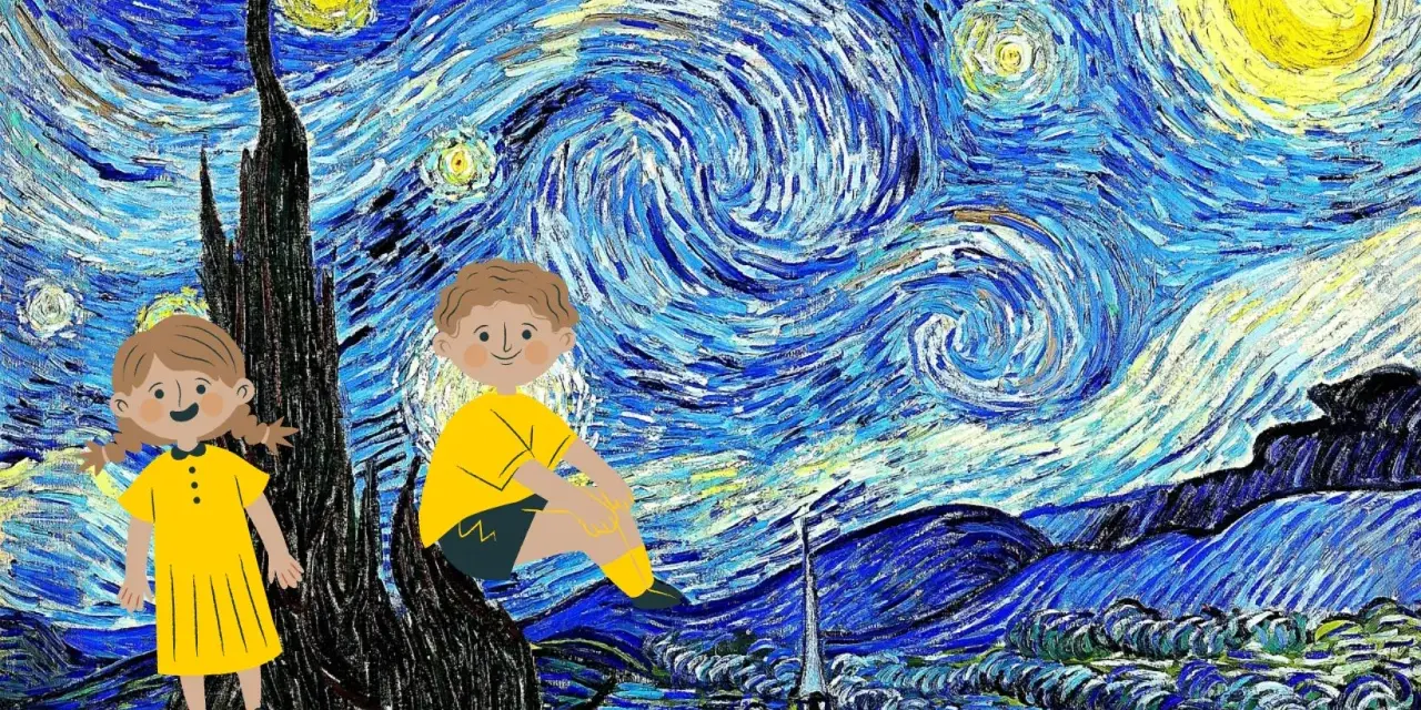 Dzieci w żółtych strojach na tle Gwieździstej Nocy, jak w muzeum Van Gogha w Amsterdamie.