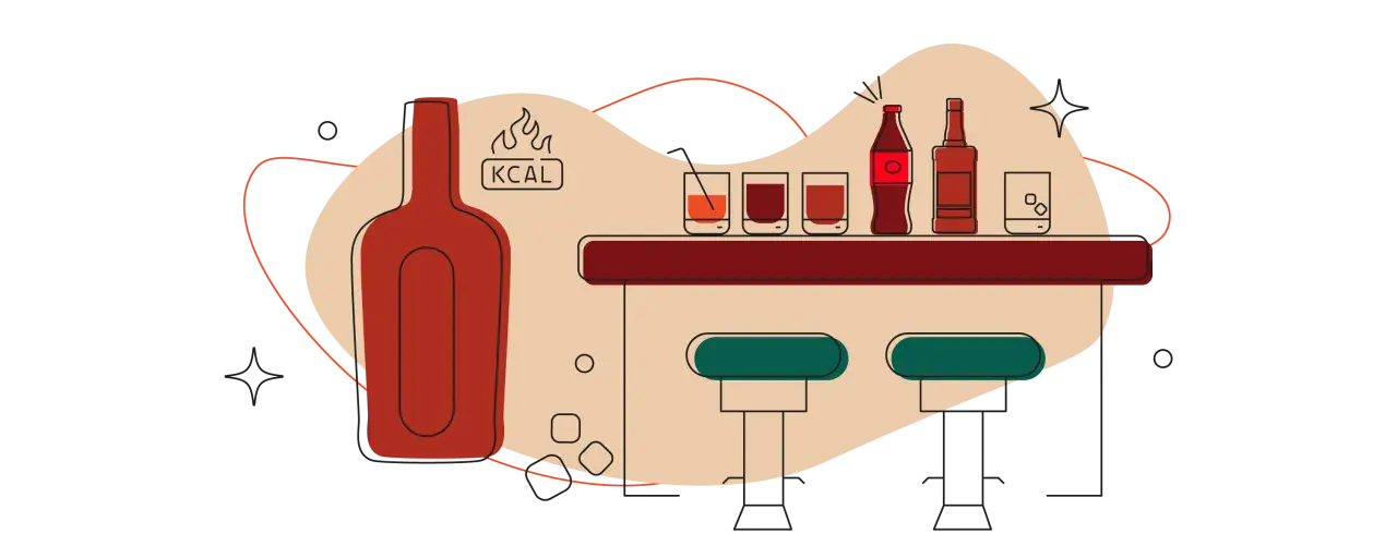 Ilustracja przedstawia bar z butelką whisky i napojami. Obok butelki symbol płomieni i napis "KCAL" sugerują, ile kalorii ma whisky.