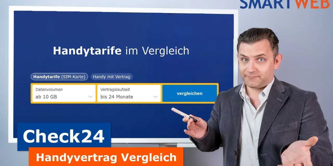 Mann mit Gesten vor Bildschirm mit Handyvergleich-Tool von Check24 und Smartweb-Logo.