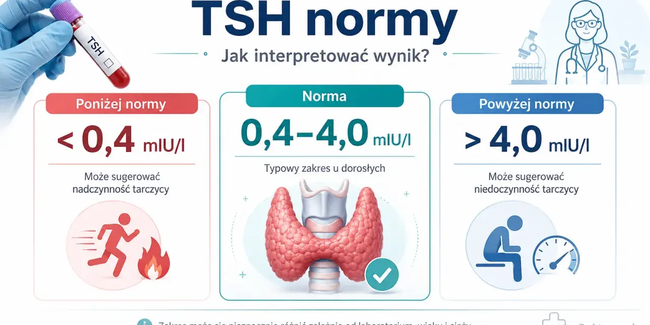 Wynik TSH poniżej normy (<0,4 mIU/I) może sugerować nadczynność tarczycy, podczas gdy powyżej normy (>4,0 mIU/I) niedoczynność. Tyroksyna jest kluczowa dla prawidłowego funkcjonowania.