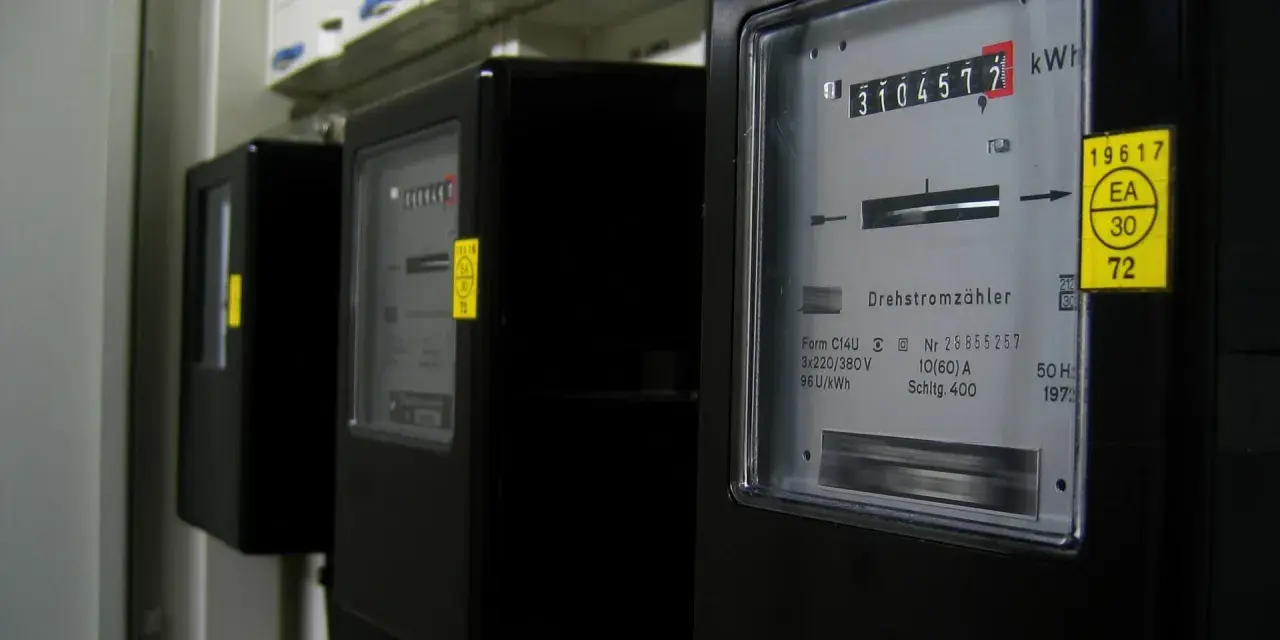 Trzy liczniki energii elektrycznej, jeden z nich pokazuje 3104577 kWh, czyli zużycie energii.