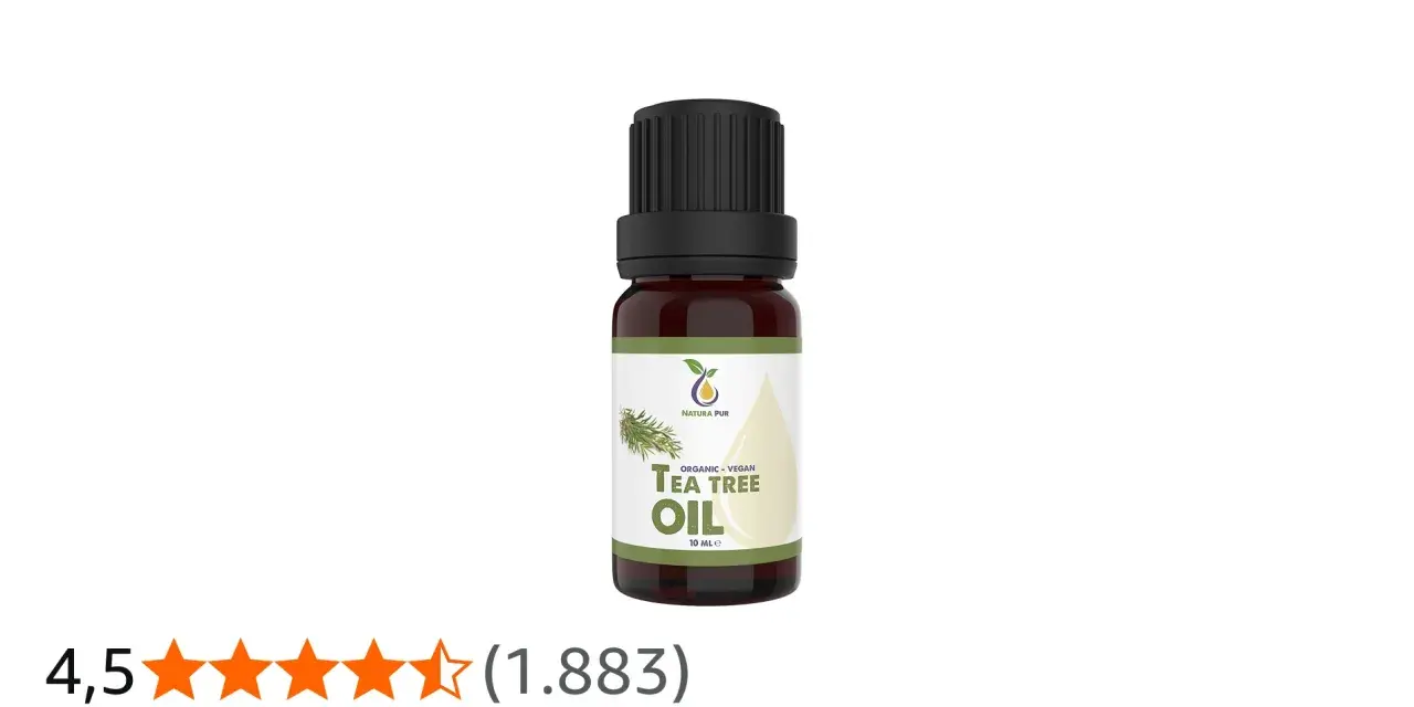 Flacone di tea tree oil, ideale per combattere le macchie del viso. Valutazione 4,5 stelle.