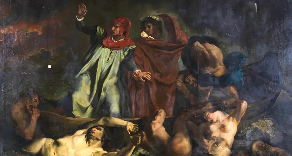 Dante Alighieri leder en båt genom mörka vatten, omgiven av lidande själar.
