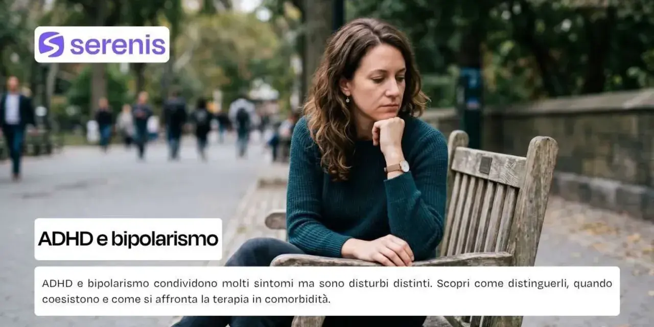 Donna pensierosa su una panchina, con testo su ADHD e bipolarismo.