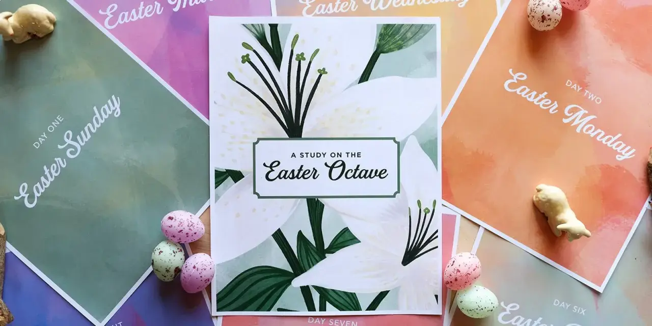A study on the Easter Octave, featuring daily readings from Easter Sunday to Divine Mercy Sunday, surrounded by pastel-colored papers and decorative eggs.