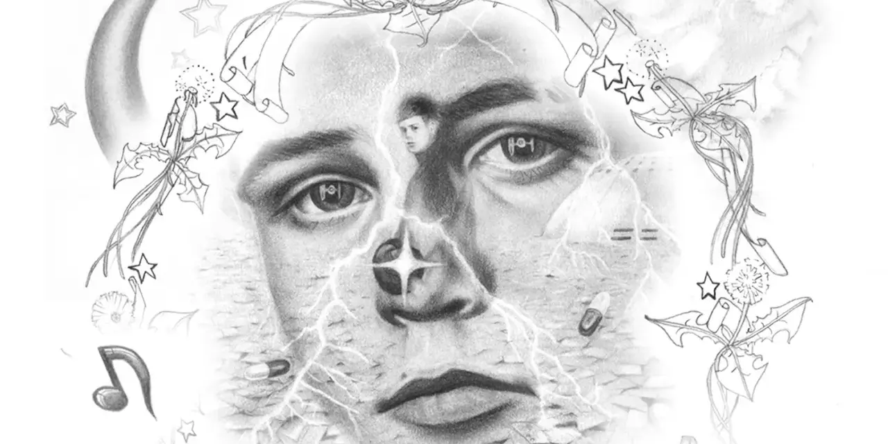 Surrealistyczny portret z elementami nawiązującymi do Yung Lean Polska: księżyc, gwiazdy, błyskawice, muzyka i małe postacie.