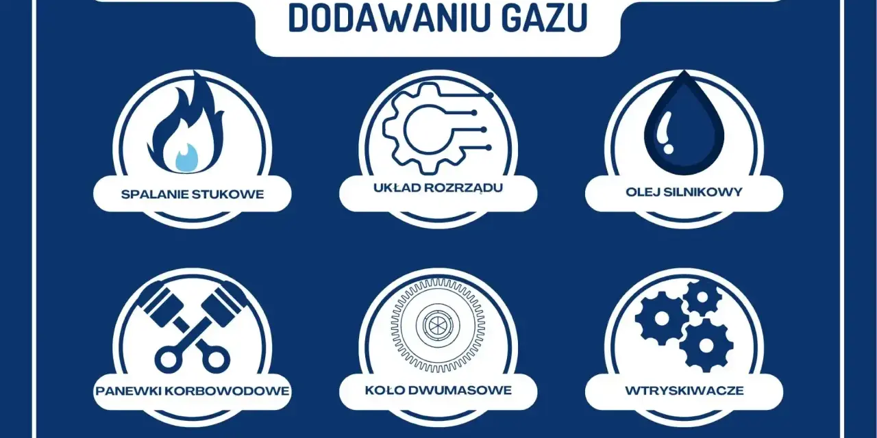 Przyczyny stukania w silniku przy dodawaniu gazu: spalanie stukowe, układ rozrządu, olej silnikowy, panewki korbowodowe, koło dwumasowe, wtryskiwacze.