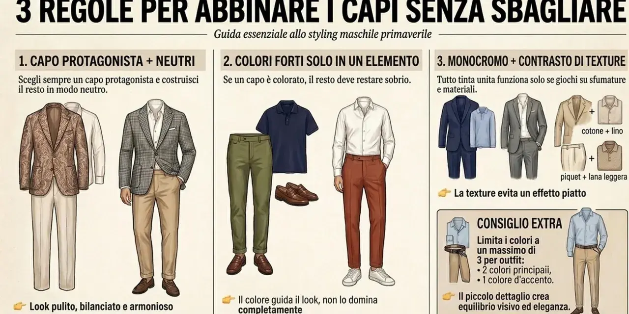 Guida allo styling maschile: 3 regole per abbinare capi con stile. Esempi di look maschili con giacche, pantaloni e camicie.