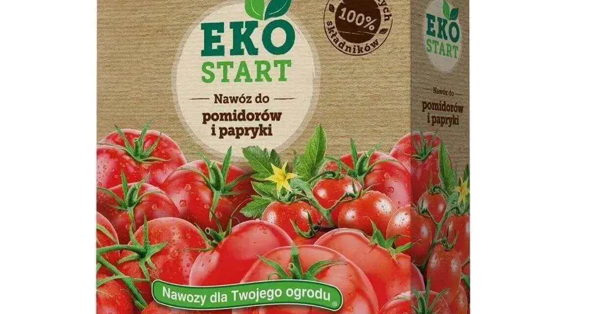 Opakowanie nawozu EKO START do pomidorów i papryki, z wizerunkiem soczystych pomidorów. Idealne nawożenie dla Twojego ogrodu.