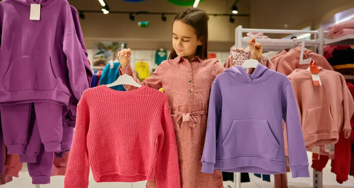 Dziewczynka wybiera ubrania. Czy ten różowy sweterek lub fioletowa bluza to dobry rozmiar dla 7-8 latka?