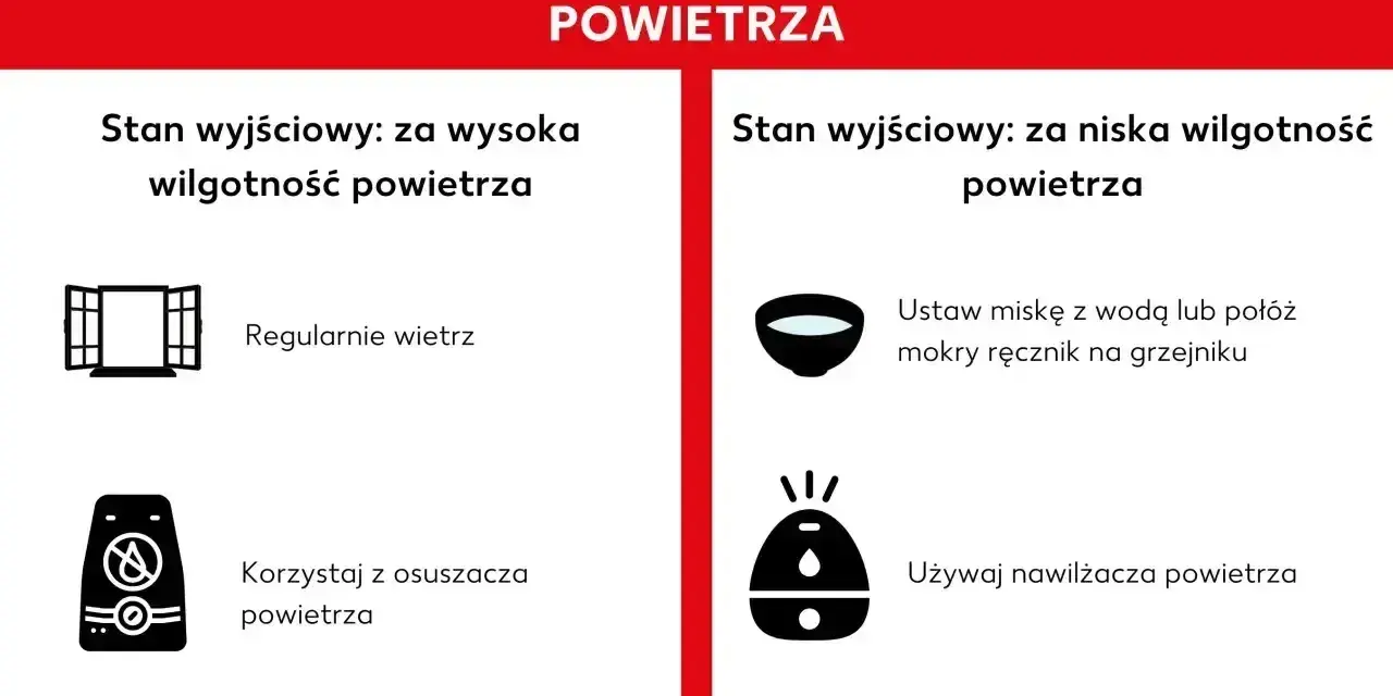 Jak zwiekszyc wilgotnosc w domu? Porady: miska z wodą na grzejniku lub nawilżacz powietrza.