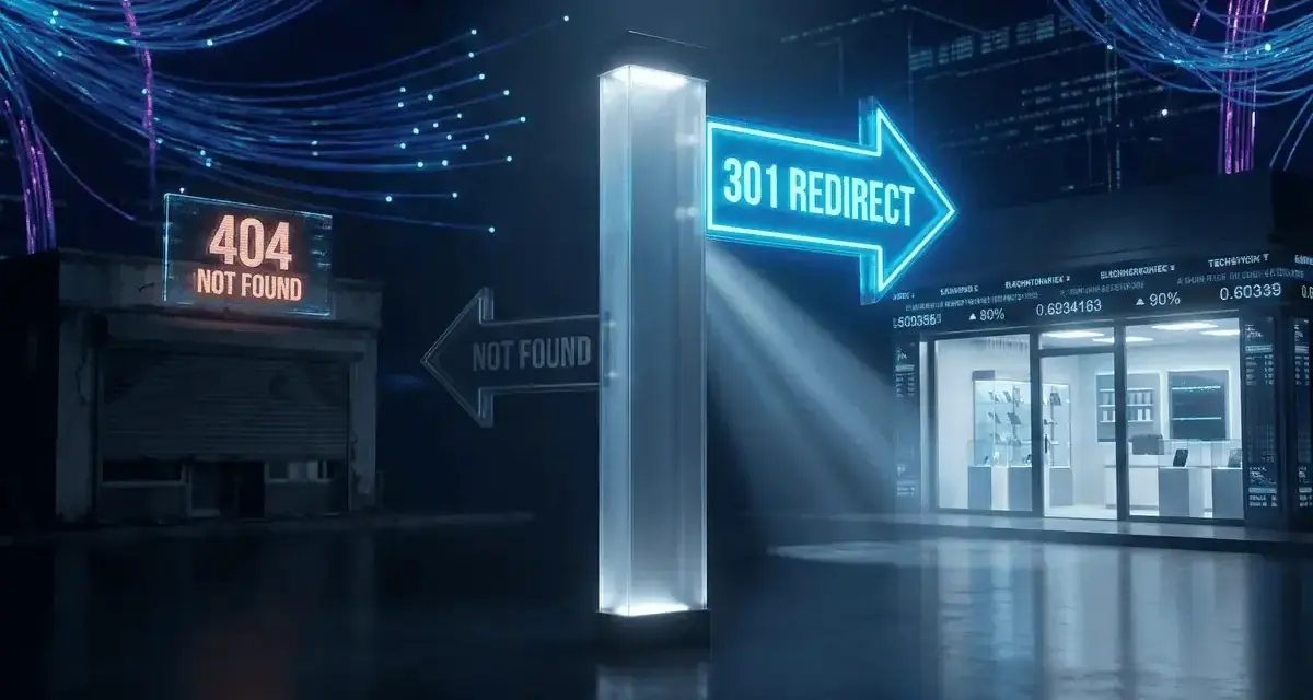 Panneau lumineux "301 REDIRECT" indiquant la bonne direction, contrastant avec un panneau "404 NOT FOUND" sur un bâtiment abandonné. Idéal pour illustrer la redirection d'URL sur WordPress.