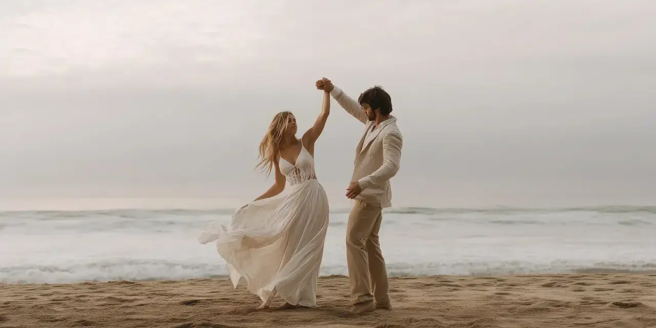 Coppia felice balla sulla spiaggia. Lui indossa un completo chiaro, perfetto per un matrimonio in spiaggia come vestirsi uomo.