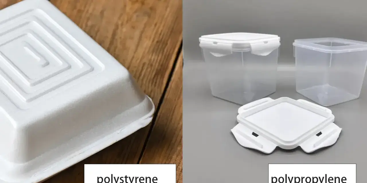 A white polystyrene container on wood contrasts with clear polypropylene food storage containers.