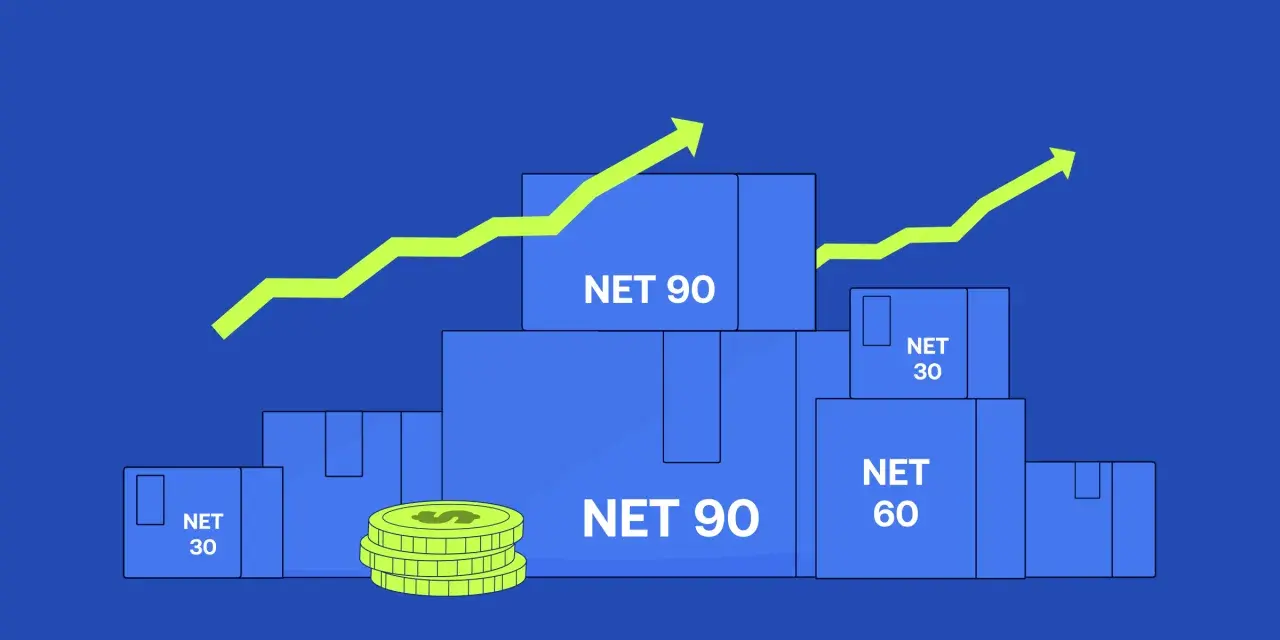 Blue boxes labeled "NET 90", "NET 60", and "NET 30" are stacked, with coins and upward trending arrows suggesting financial growth.