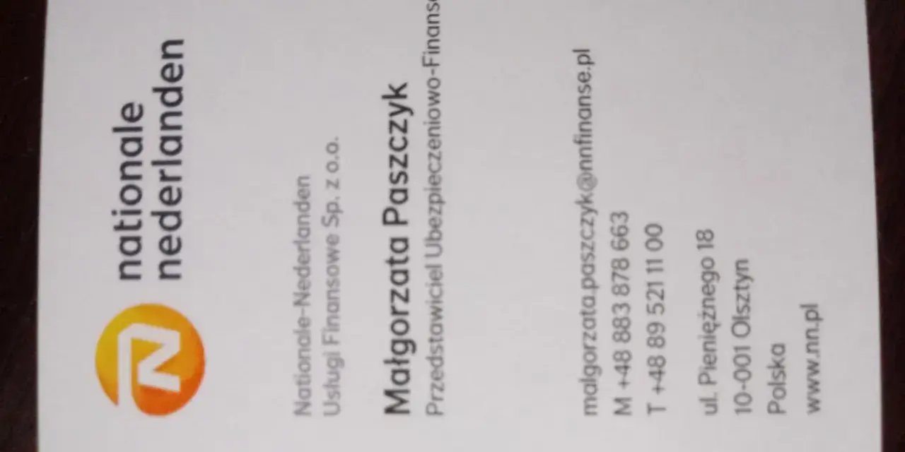 Wizytówka Małgorzaty Paszczyk, przedstawicielki NN w Olsztynie.