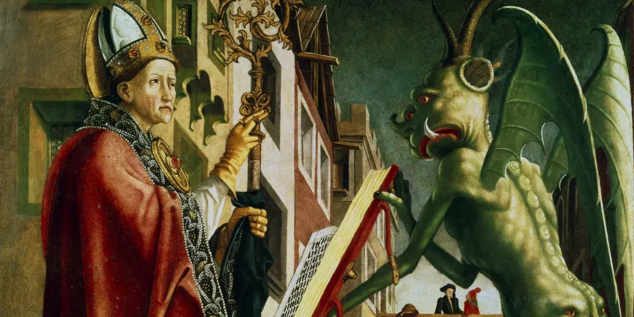 Bischof mit Stab und Schlüssel konfrontiert einen grünen Teufel, der ein Buch hält. Lukas 10,18: "Ich sah den Satan wie einen Blitz vom Himmel fallen.