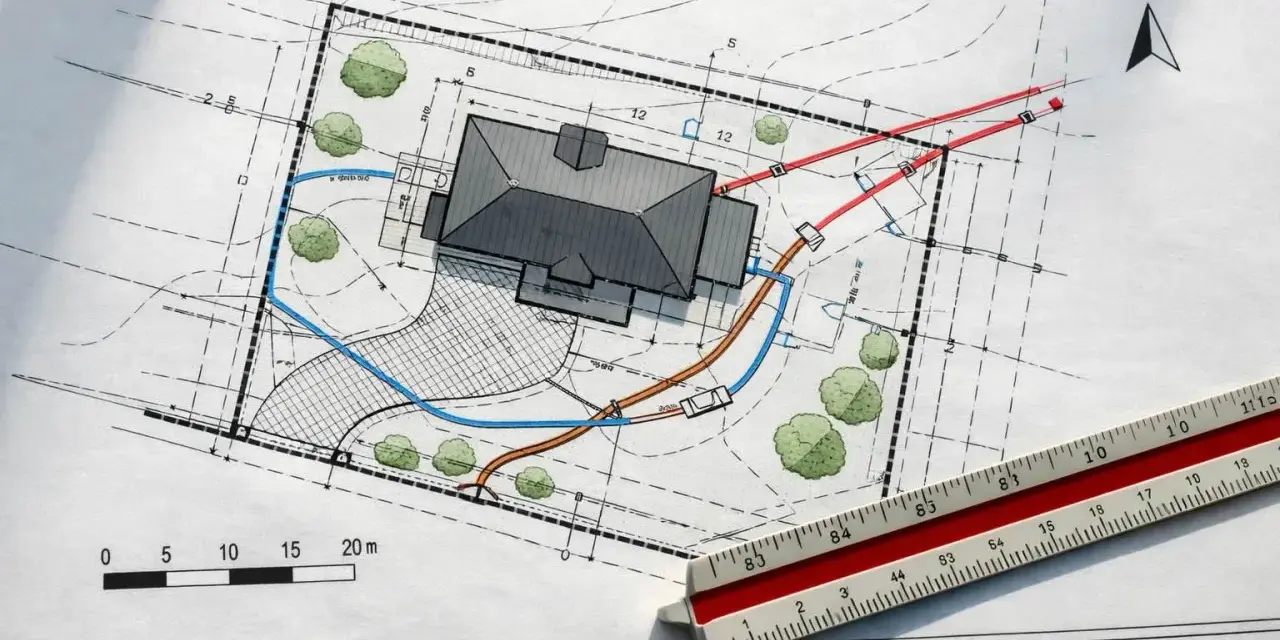 Projekt zagospodarowania terenu z domem, drzewami i zaznaczonymi instalacjami. Skala i linijka wskazują na precyzyjne planowanie.