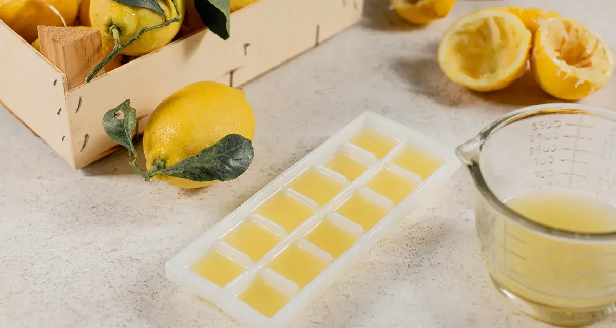 Frische Zitronen und eine Eiswürfelform gefüllt mit Zitronensaft zeigen, dass man Zitronen einfrieren kann.