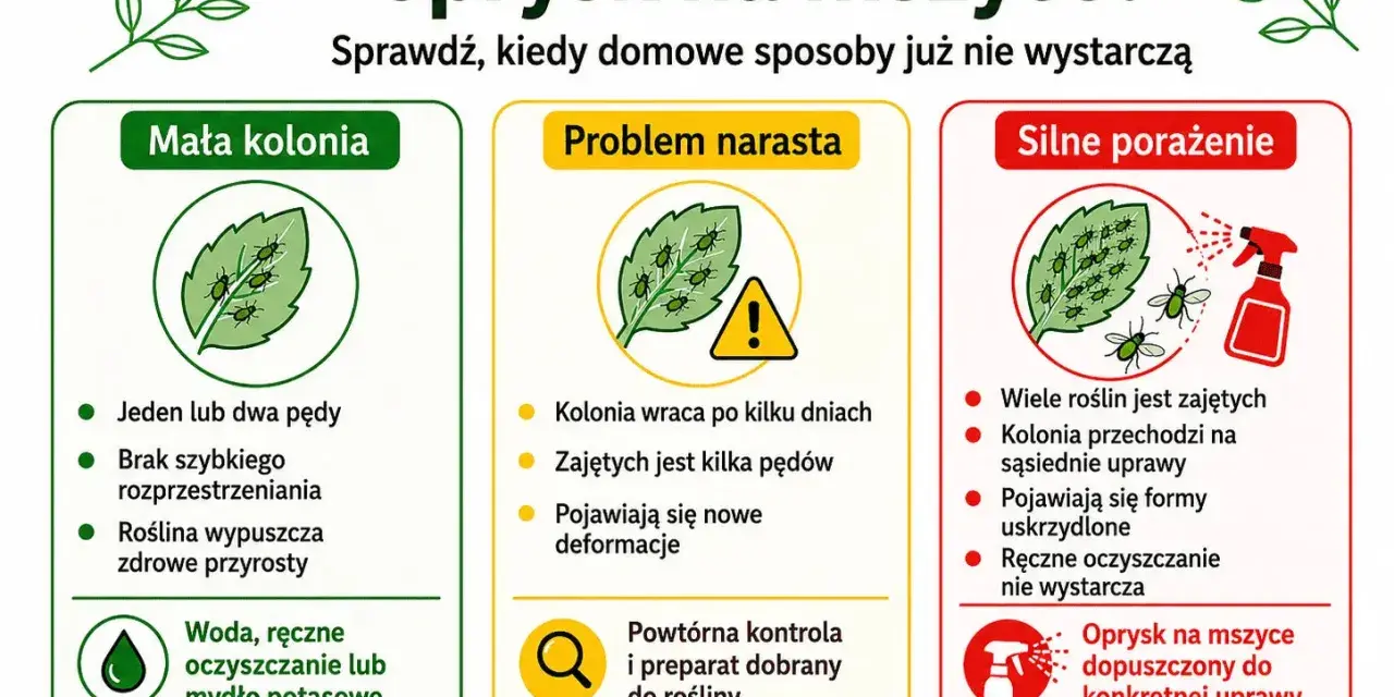 Kiedy stosować oprysk na mszyce? Gdy problem narasta, pojawiają się nowe deformacje, a ręczne czyszczenie nie wystarcza. Wtedy oprysk jest dopuszczony do konkretnej uprawy.