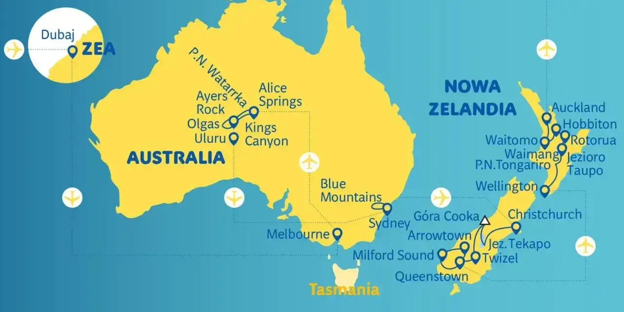 Mapa pokazuje, gdzie leży Australia, z zaznaczonymi atrakcjami jak Uluru i Sydney, oraz Nową Zelandię.