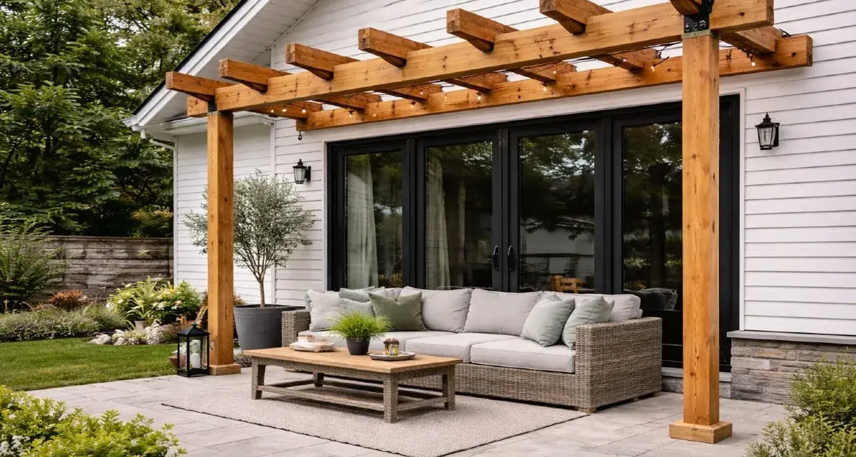 En mysig uteplats med en vacker träpergola med tak, soffgrupp och kaffebord. Perfekt för att bygga pergola med tak och njuta av sommaren.