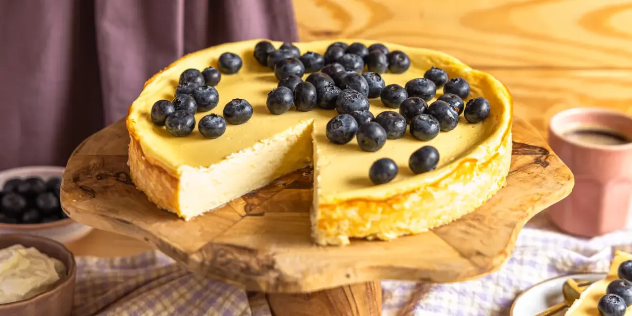 Ein köstlicher Skyr Kuchen, üppig belegt mit frischen Blaubeeren, wartet auf seine Genießer. Daneben eine Tasse Kaffee.